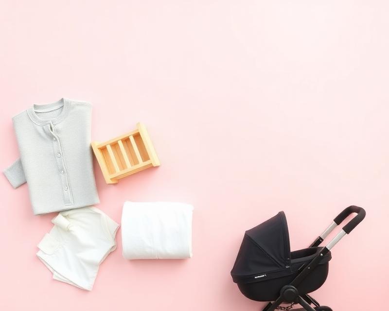 Poussette et berceau en bois sur fond rose