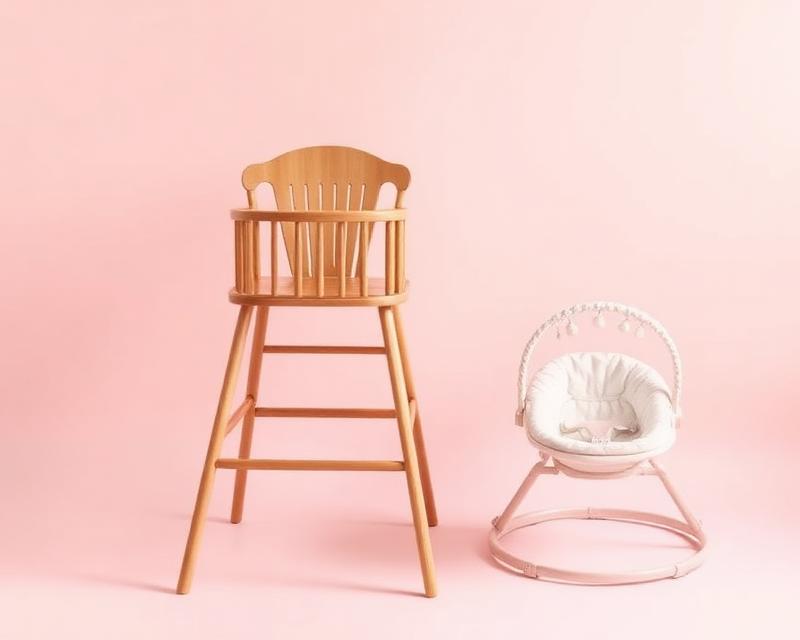Chaise haute en bois et colis de retour on fond rose