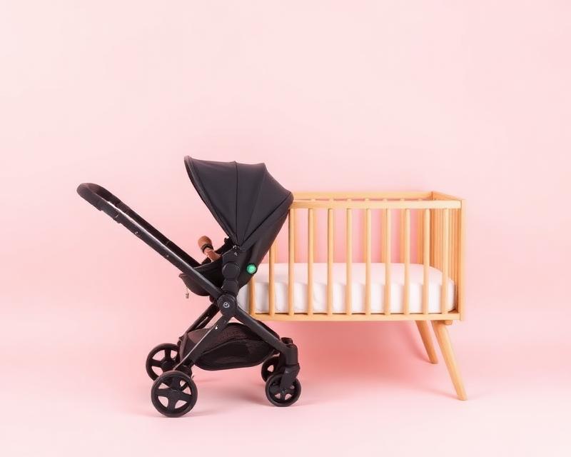 Poussette et berceau en bois sur fond rose